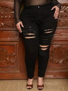 SHEIN CURVE+ Jeans ajustados desgarro con diseño de tachuela - Negro - Ver 1