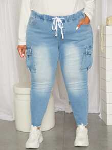 SHEIN CURVE+ Plus Drawstring Waist Flap Pocket Cargo Jeans - Light Wash - View 2