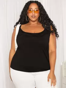 SHEIN CURVE+ Plus Solid Scoop Neck Tank Top - Black - View 2