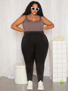 SHEIN CURVE+ Plus Solid High Waist Leggings - Black - View 3
