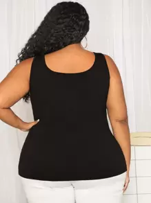 SHEIN CURVE+ Plus Solid Scoop Neck Tank Top - Black - View 3