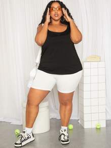 SHEIN CURVE+ Plus Solid Scoop Neck Tank Top - Black - View 4
