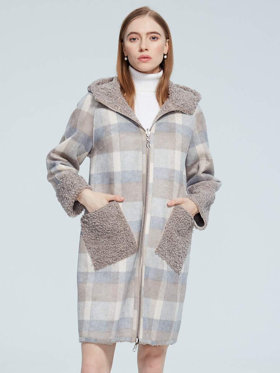 MIEGOFCE 拼接人造羊羔絨連帽格紋兩面可戴外套 - 彩色 - 查看 1