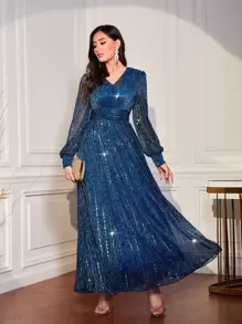 Modelyn Lantern Sleeve Sequin Dress - Teal Blue - View 1