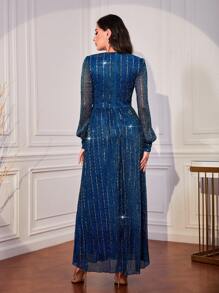 Modelyn Lantern Sleeve Sequin Dress - Teal Blue - View 2