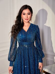 Modelyn Lantern Sleeve Sequin Dress - Teal Blue - View 3