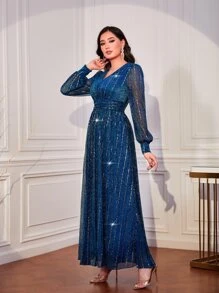 Modelyn Lantern Sleeve Sequin Dress - Teal Blue - View 4