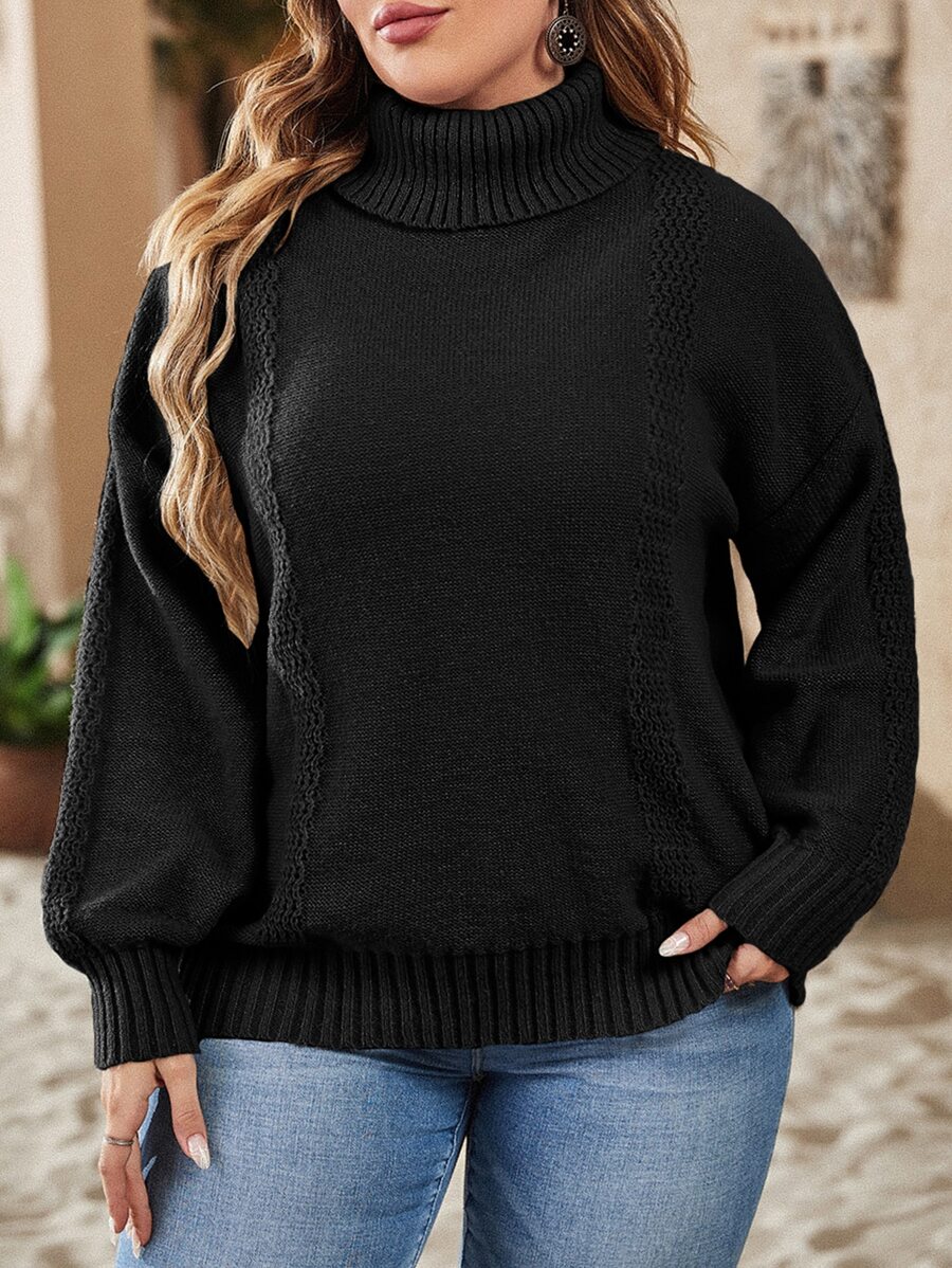 SHEIN LUNE Plus Turtleneck Drop Shoulder Jumper - Black - View 1