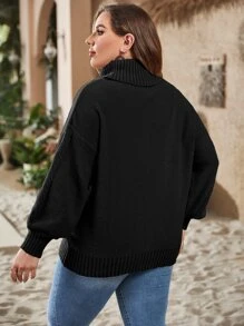 SHEIN LUNE Plus Turtleneck Drop Shoulder Jumper - Black - View 2