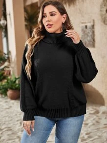 SHEIN LUNE Plus Turtleneck Drop Shoulder Jumper - Black - View 5