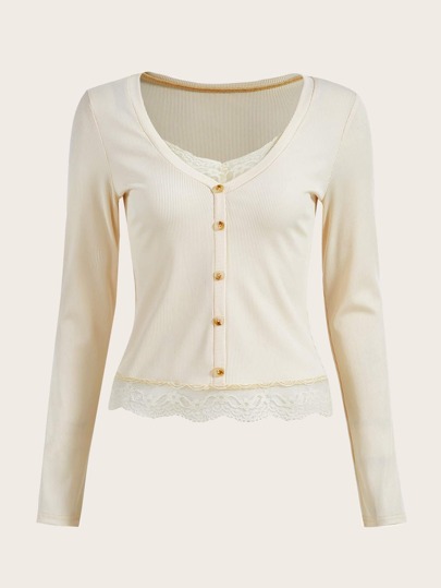 Contrast Lace Button Front Tee
