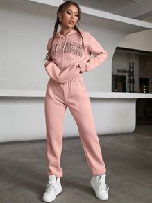 INAWLY Letter Graphic Kangaroo Pocket Drawstring Thermal Lined Hoodie & Sweatpants - Dusty Pink - View 3