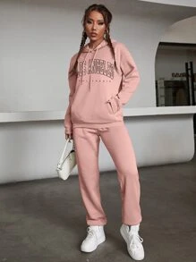 INAWLY Letter Graphic Kangaroo Pocket Drawstring Thermal Lined Hoodie & Sweatpants - Dusty Pink - View 4
