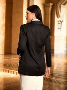 Modelyn Lapel Neck Pearls Beaded Blazer - Black - View 2
