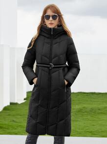 Slant Pocket Hooded Belted Padded Coat - Black - View 1