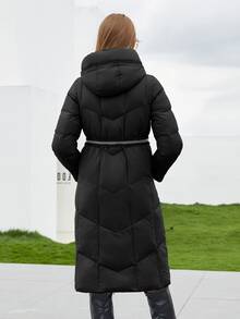 Slant Pocket Hooded Belted Padded Coat - Black - View 2