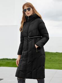 Slant Pocket Hooded Belted Padded Coat - Black - View 3