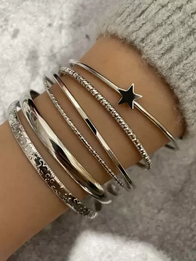 6pcs Minimalist Pentagram Bangle Bracelet Set For Women, Suitable For Daily Wear