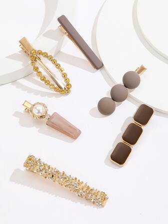 6个装水钻仿珍珠装饰鳄鱼夹，优雅爪夹，发爪发卡，学习用品，发饰