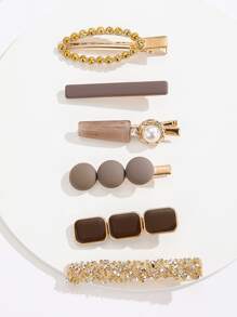 6 chiếc kẹp tóc hình cá sấu đính đá và ngọc trai giả, kiểu dáng thanh lịch, thích hợp cho học sinh, phụ kiện tóc, phụ kiện đội đầu, ghim cài tóc. - Màu Khaki - Xem 2