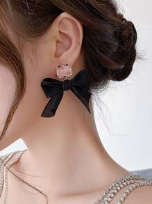 Bow & Square Decor Earrings Valentines,Mom,Mother,Mother's Day,Gift - Black - View 2