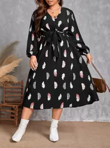 SHEIN LUNE Plus Feather Print Surplice Neck Belted Dress - Black - View 1