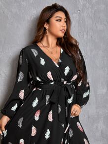 SHEIN LUNE Plus Feather Print Surplice Neck Belted Dress - Black - View 4