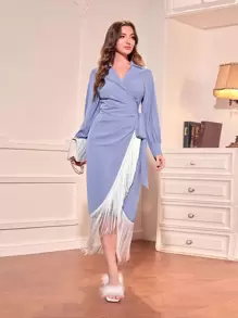 Modelyn Fringe Trim Wrap Knot Side Dress - Blue - View 1