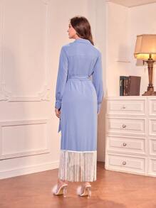 Modelyn Fringe Trim Wrap Knot Side Dress - Blue - View 2