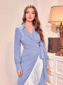 Modelyn Fringe Trim Wrap Knot Side Dress - Blue - View 5