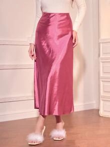 Modelyn High Waist Satin Skirt - Pink - View 5