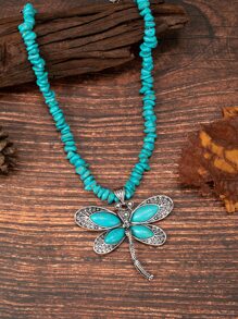 1pc Ladies' Vintage Bohemian Style Dragonfly Shaped Turquoise Necklace - Multicolor - View 3