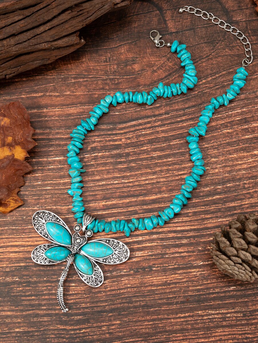 1pc Ladies' Vintage Bohemian Style Dragonfly Shaped Turquoise Necklace - Multicolor - View 1