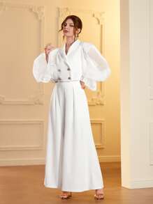 Modelyn 雙排釦荷葉袖上衣和褶皺闊腿褲 - 白色 - 查看 1