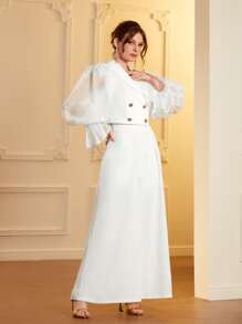 Modelyn 雙排釦荷葉袖上衣和褶皺闊腿褲 - 白色 - 查看 4