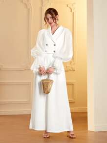 Modelyn 雙排釦荷葉袖上衣和褶皺闊腿褲 - 白色 - 查看 6