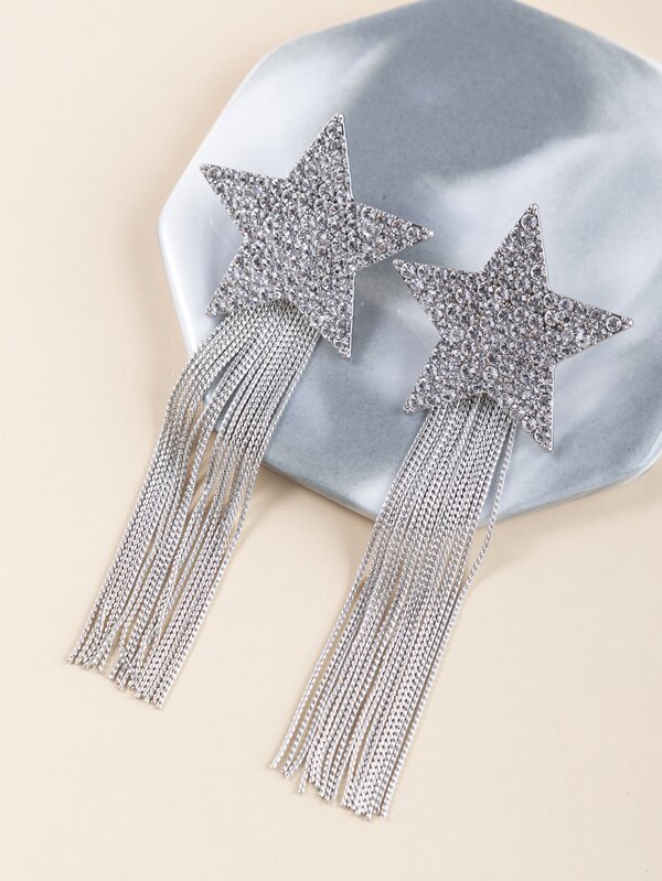 1 Par de Brincos de Luxo Reversíveis Dourado/Prata/Preto com Tassels e Corrente de Estrela de Pentagrama com Strass, Presente de Joias Elegante para Gala, Festa