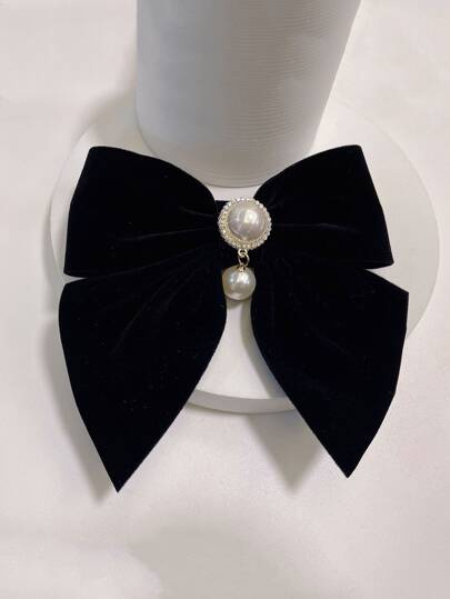 Bow & Faux Pearl Decor Velvet French Clip Elegant Hair Clips Claw Clips Hair Claws Hair Slide Hair Barrettes, School Stuff, College, Pearl Hair Accessories, Winter Outfit For Women, Bows, Cute, Head Accesssories