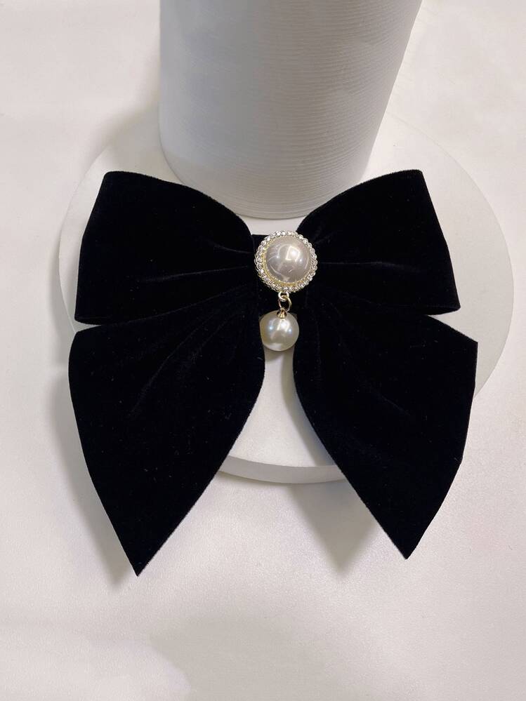 Clips de pelo elegantes de terciopelo con decoración de lazo y perla falsa, clips de garra, pasadores de pelo, accesorios para el cabello, para la escuela, la universidad, accesorios para el cabello con perlas, atuendo de invierno para mujer, lazos, lindos, accesorios para la cabeza - Multicolor - Añade 1