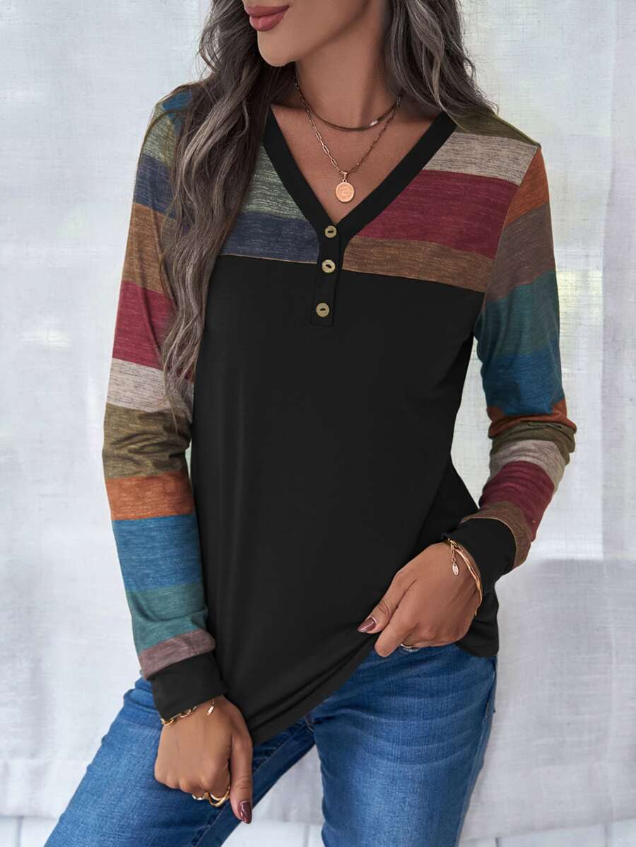 條紋圖案前紐扣頭巾下擺 T恤 - 彩色 - 查看 1