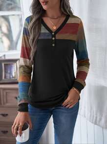 條紋圖案前紐扣頭巾下擺 T恤 - 彩色 - 查看 3