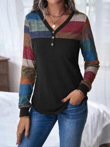 條紋圖案前紐扣頭巾下擺 T恤 - 彩色 - 查看 4