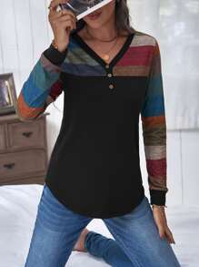 條紋圖案前紐扣頭巾下擺 T恤 - 彩色 - 查看 5