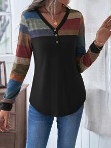 條紋圖案前紐扣頭巾下擺 T恤 - 彩色 - 查看 6