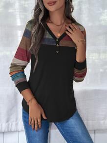 條紋圖案前紐扣頭巾下擺 T恤 - 彩色 - 查看 7