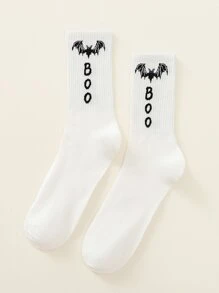 Calcetines de tripulación con gráfico de murciélago y letra, para Halloween - Blanco - Ver 1