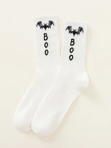 Calcetines de tripulación con gráfico de murciélago y letra, para Halloween - Blanco - Ver 2
