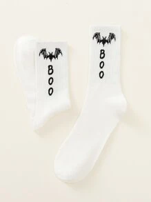 Calcetines de tripulación con gráfico de murciélago y letra, para Halloween - Blanco - Ver 3