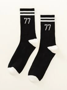 1 par de calcetines de media pantorrilla a rayas digitales negros para hombres, simples y de moda, para todas las estaciones - Negro - Ver 1
