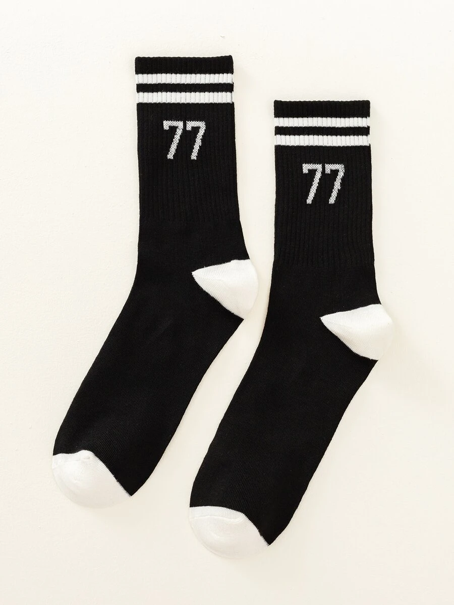 1 par de calcetines de media pantorrilla a rayas digitales negros para hombres, simples y de moda, para todas las estaciones - Negro - Ver 1